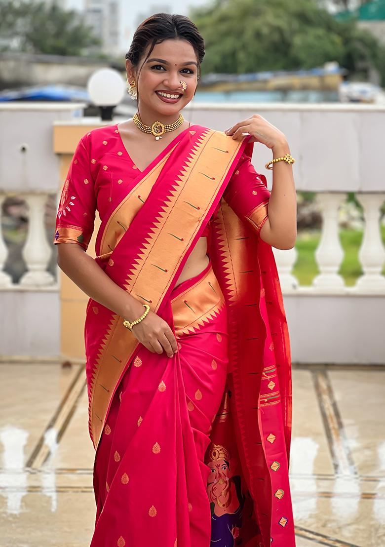 Rani Pink Woven Work Silk Saree Set - Indya