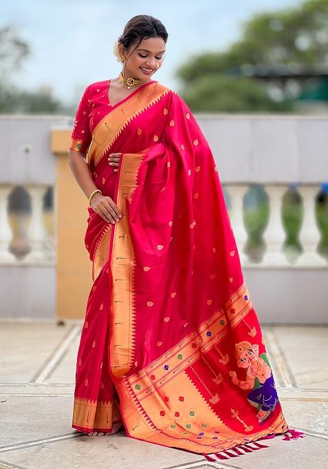 Rani Pink Woven Work Silk Saree Set