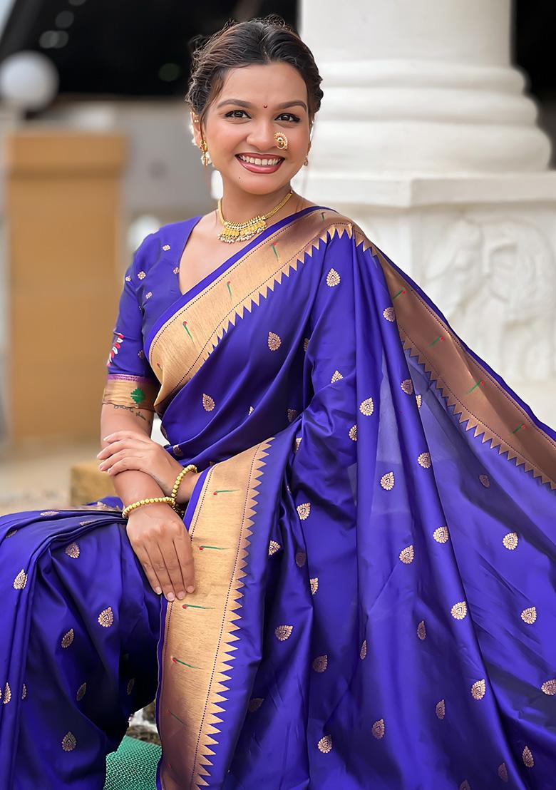 Violet Woven Work Silk Saree Set - Indya