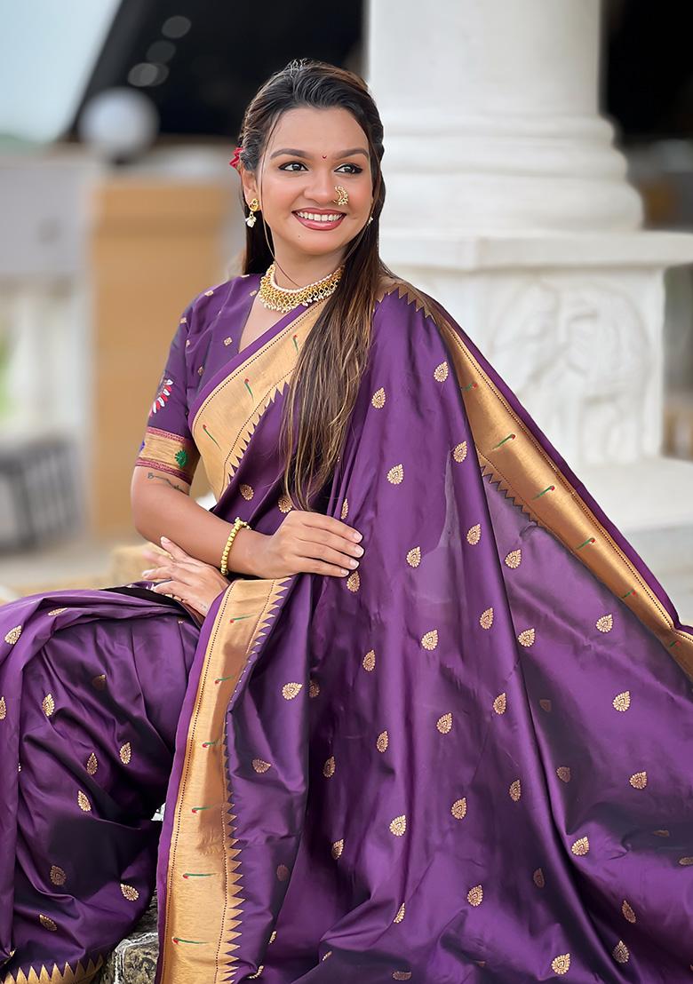 Wine Woven Work Silk Saree Set - Indya