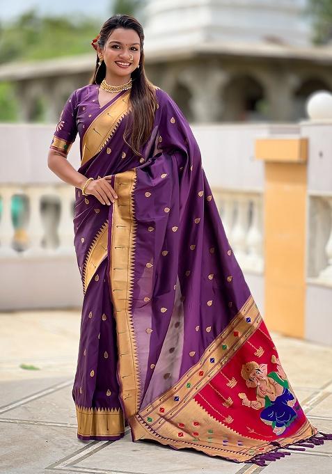 Wine Woven Work Silk Saree Set