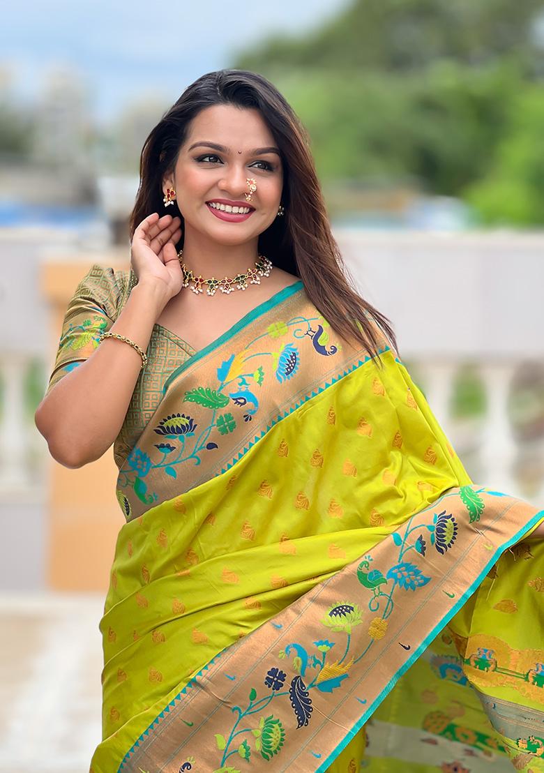 Parrot Woven Work Silk Saree Set - Indya