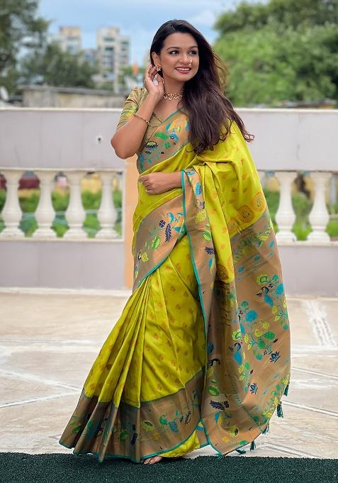 Parrot Woven Work Silk Saree Set