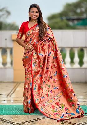 Red Woven Work Silk Saree Set