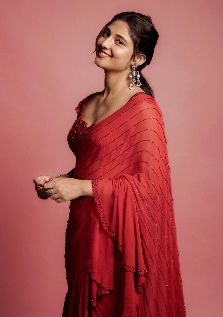 Red Beads Work Georgette Saree Set - Indya