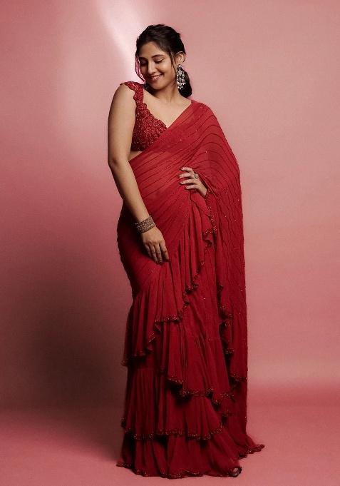 Red Beads Work Georgette Saree Set