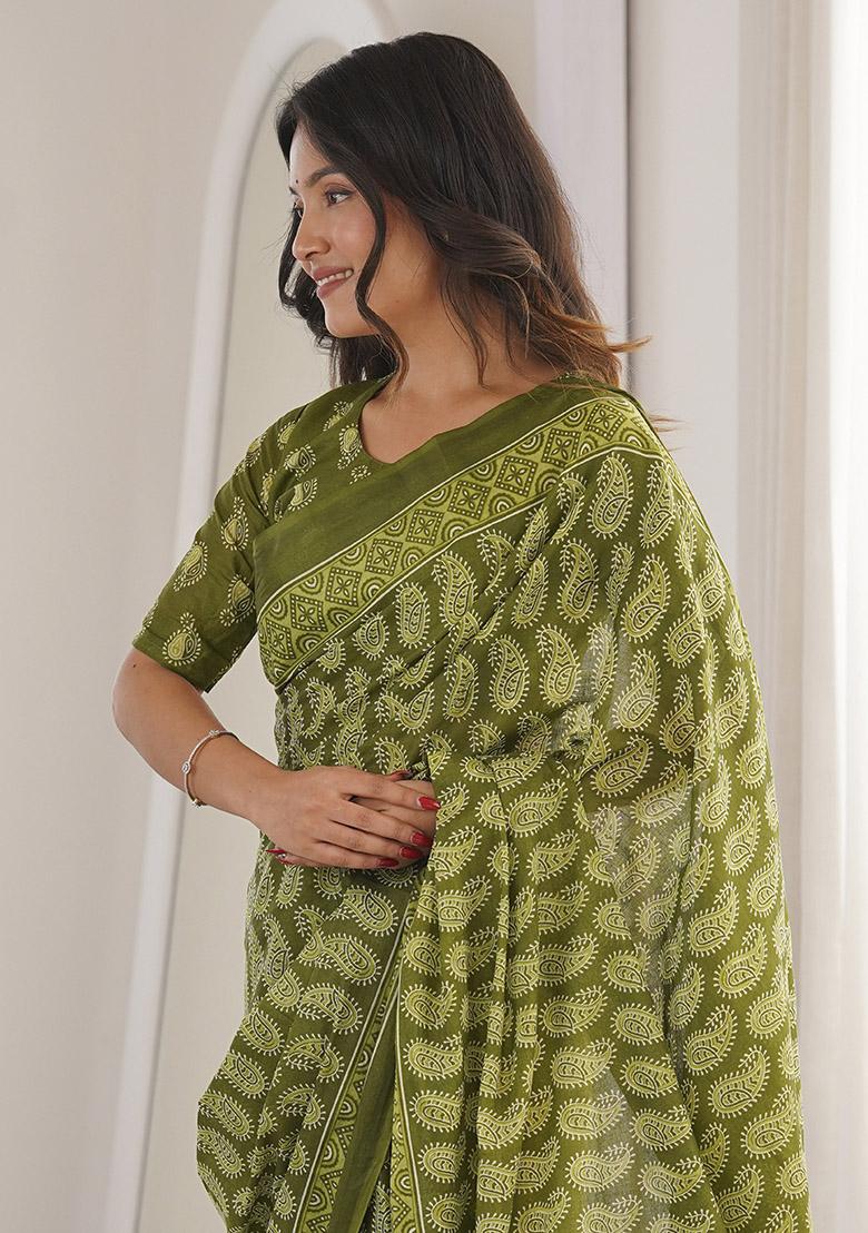 Green Beads Work Cotton Saree Set - Indya