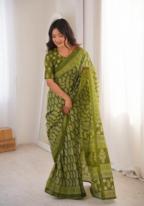 Green Beads Work Cotton Saree Set