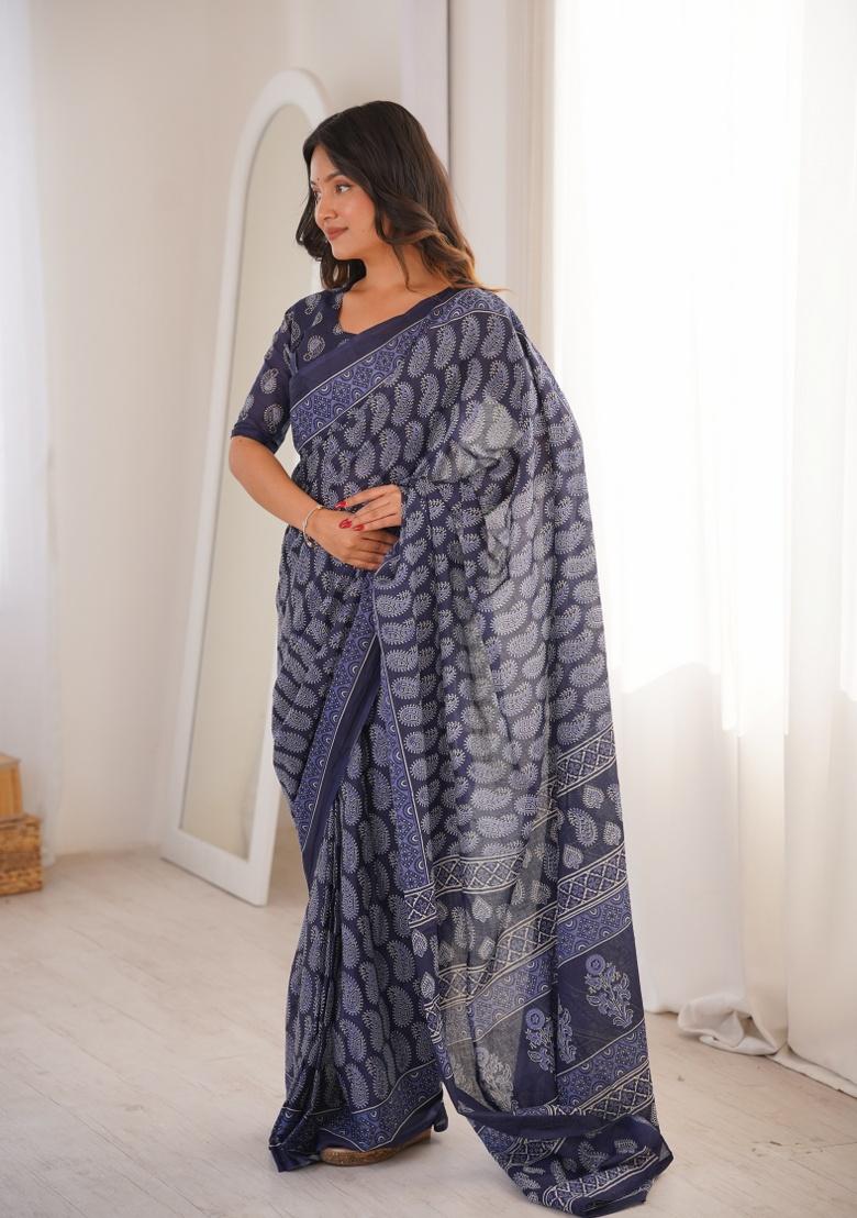 Indigo Beads Work Cotton Saree Set - Indya