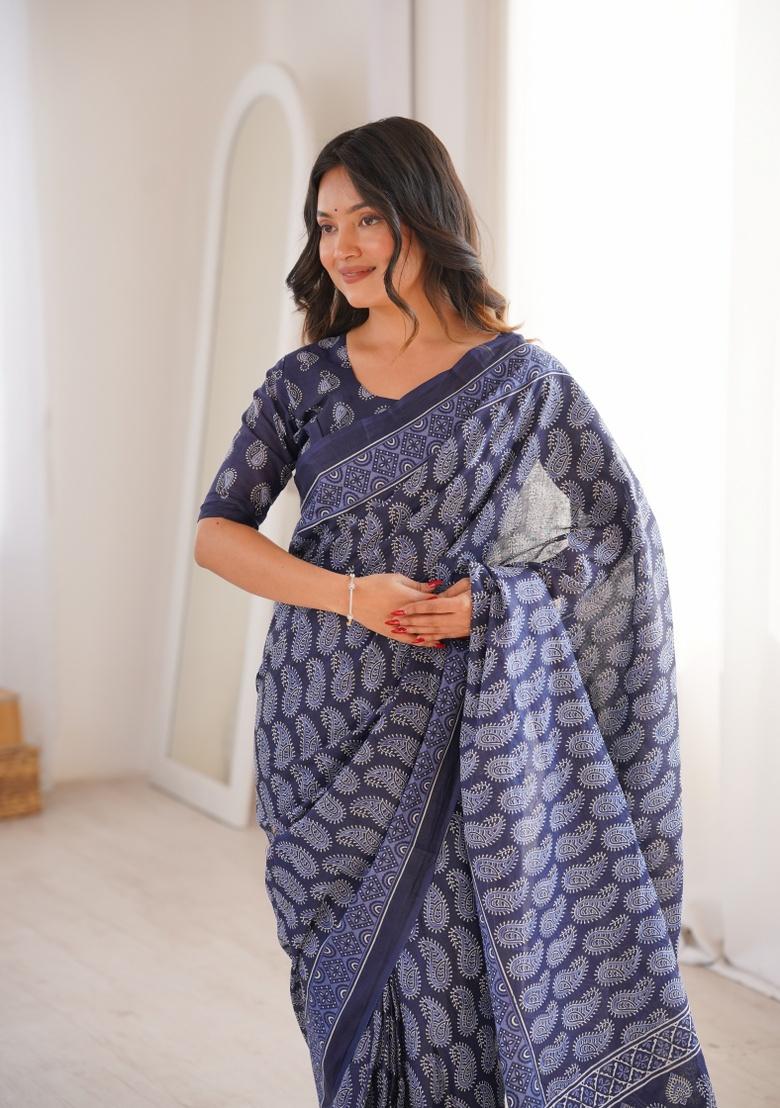 Indigo Beads Work Cotton Saree Set - Indya
