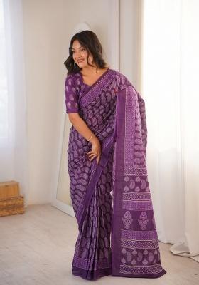 Purple Beads Work Cotton Saree Set