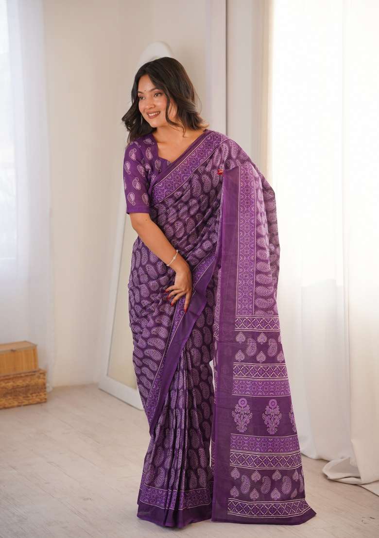 Purple Beads Work Cotton Saree Set for Diwali and Festive Wear - Indya