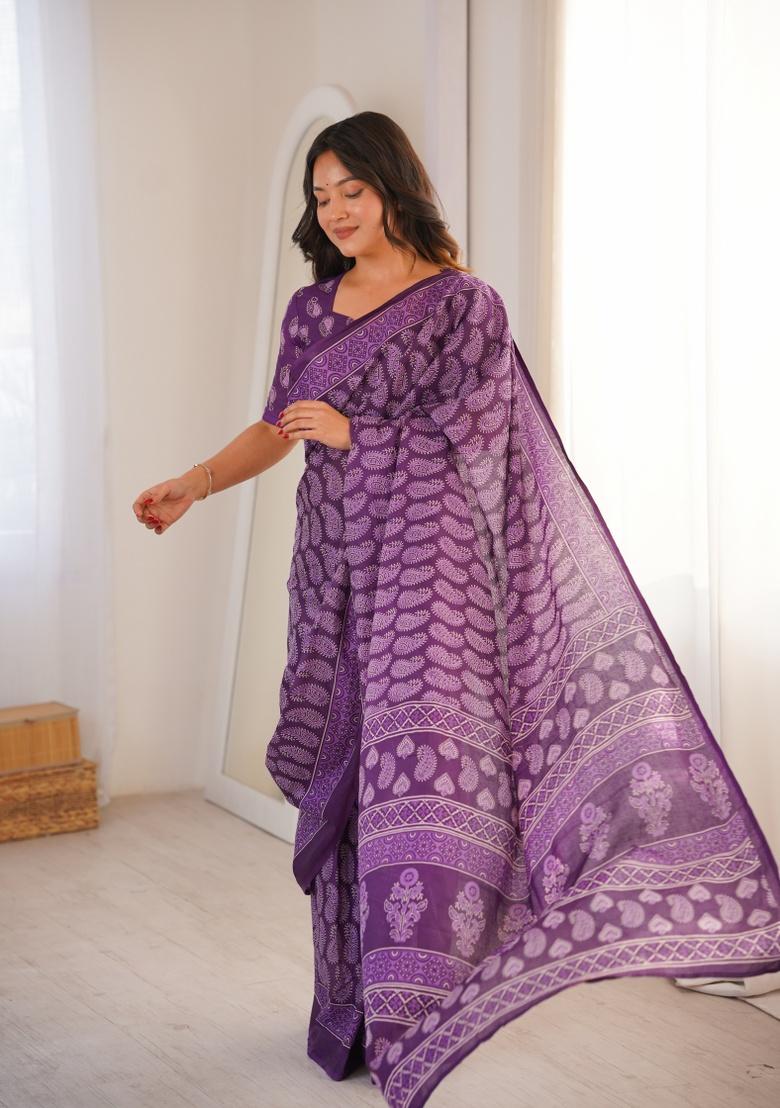 Purple Beads Work Cotton Saree Set - Indya