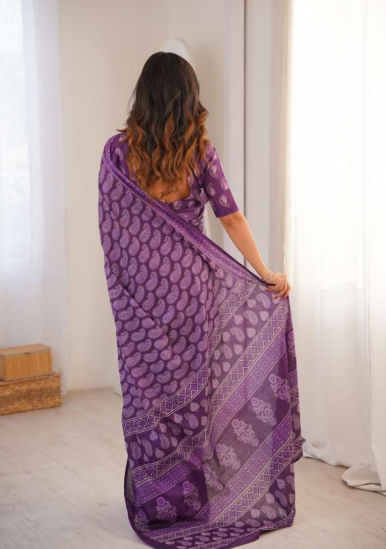 Purple Beads Work Cotton Saree Set for Diwali and Festive Wear - Indya