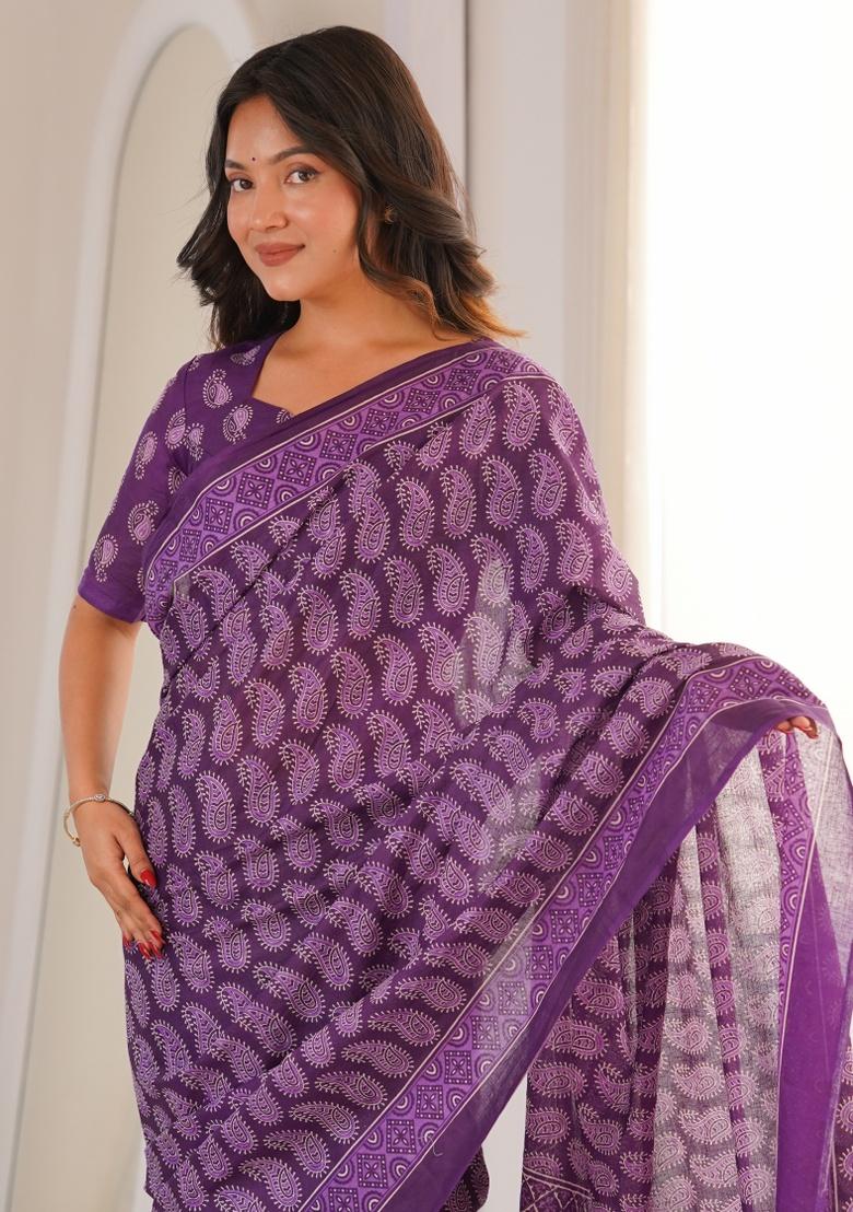 Purple Beads Work Cotton Saree Set - Indya