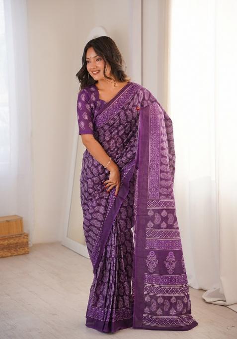 Purple Beads Work Cotton Saree Set