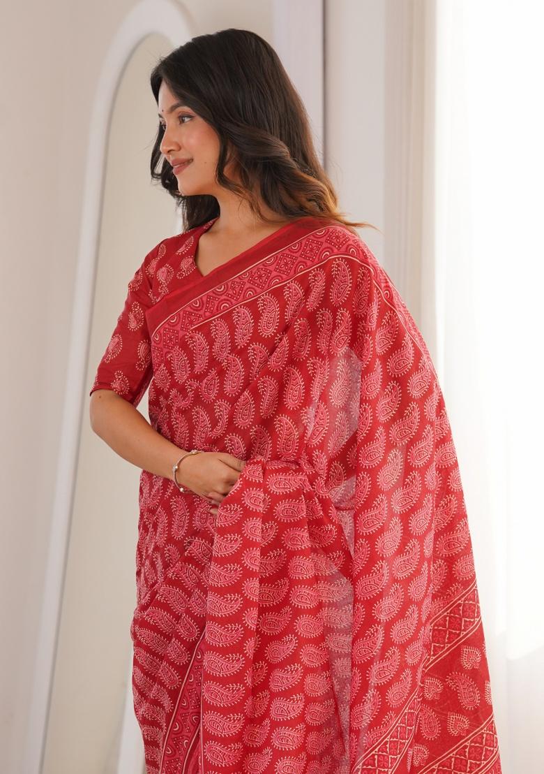 Red Beads Work Cotton Saree Set - Indya