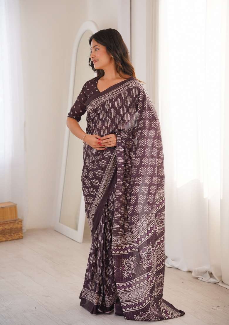 Brown Beads Work Cotton Saree Set for Diwali and Festive Wear - Indya
