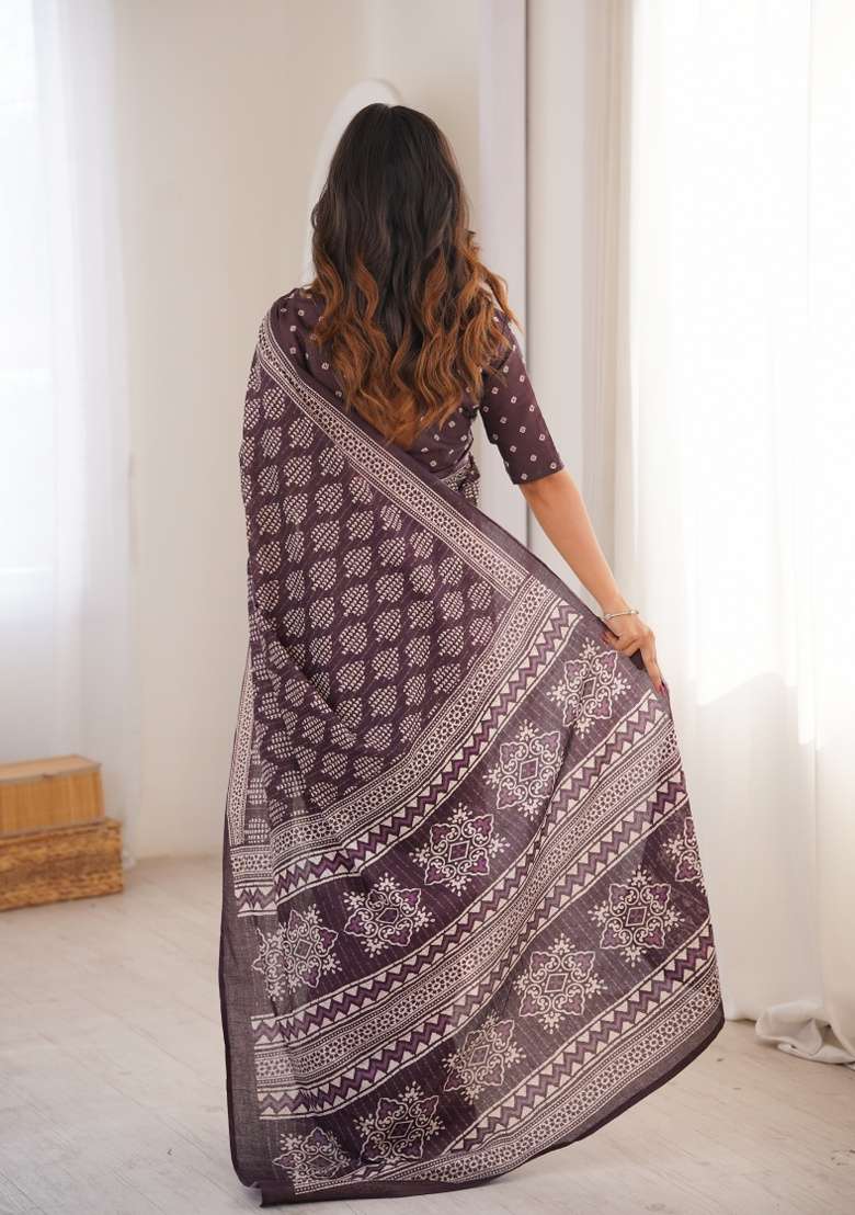 Brown Beads Work Cotton Saree Set for Diwali and Festive Wear - Indya