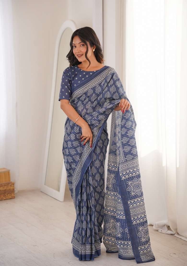 Grey Beads Work Cotton Saree Set for Diwali | Wedding & Festive Wear - Indya