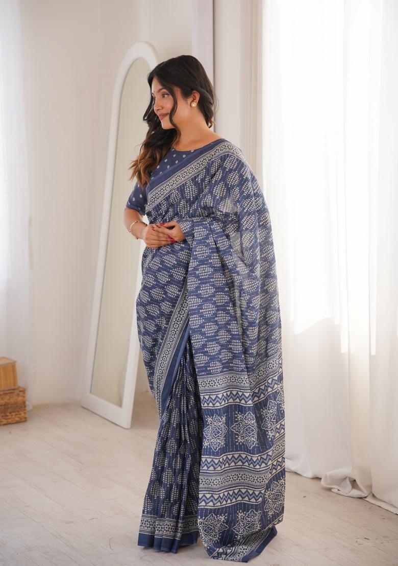 Grey Beads Work Cotton Saree Set - Indya