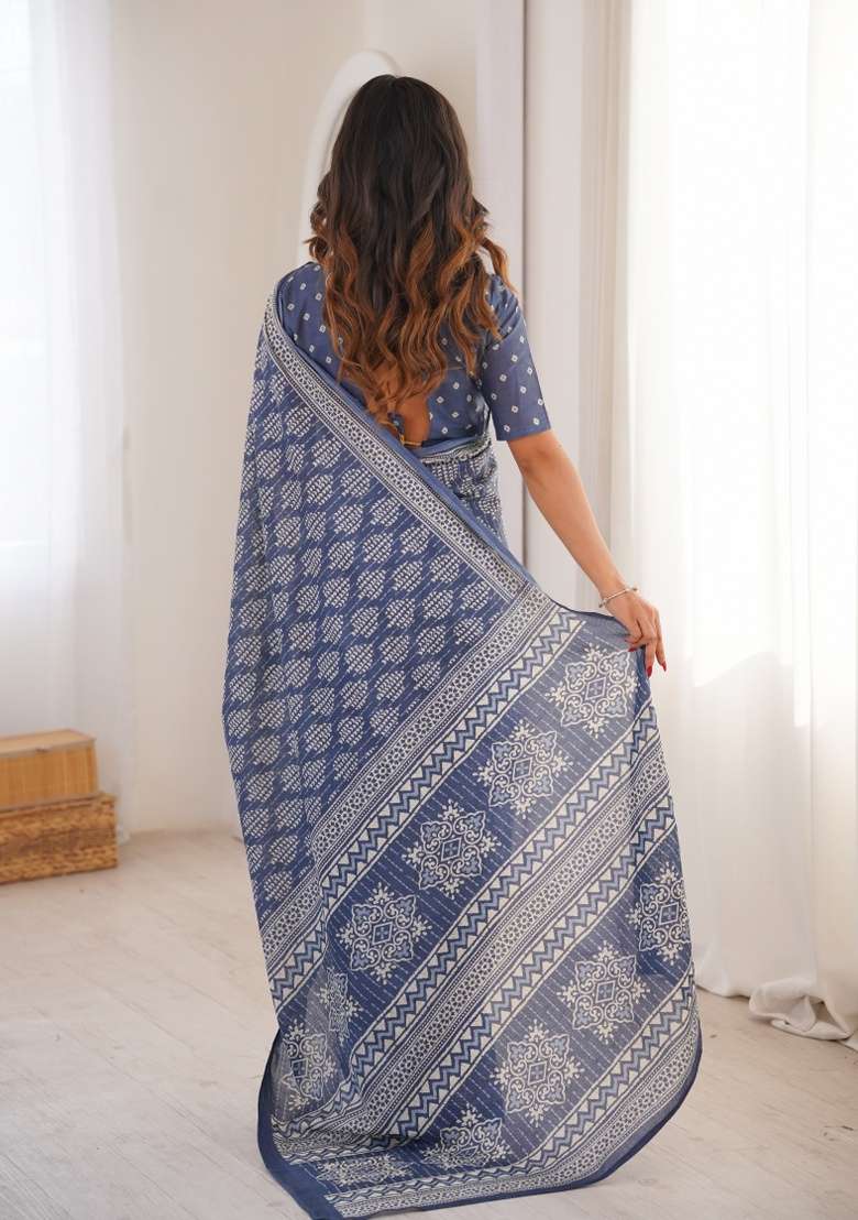 Grey Beads Work Cotton Saree Set for Diwali | Wedding & Festive Wear - Indya
