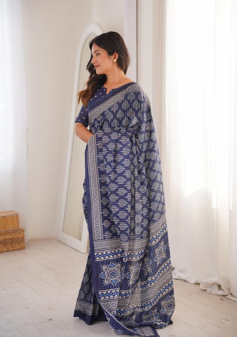 Indigo Beads Work Cotton Saree Set - Indya