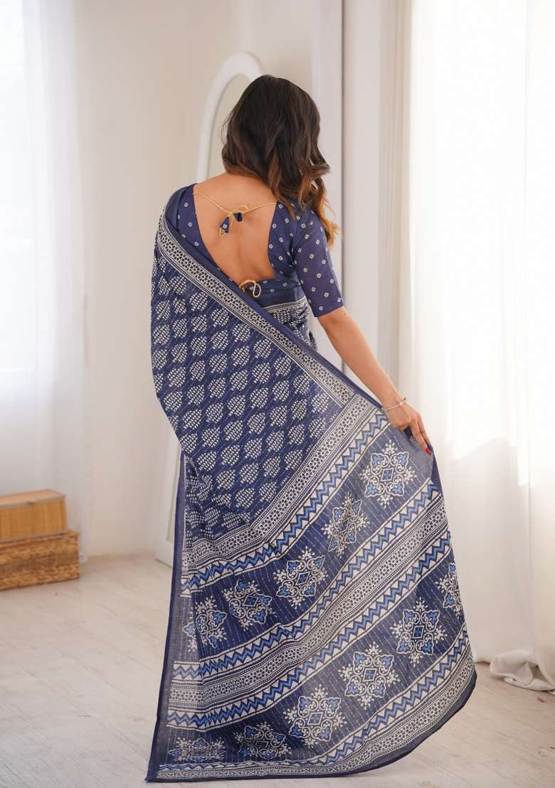 Indigo Beads Work Cotton Saree Set for Diwali | Wedding & Festive Wear - Indya