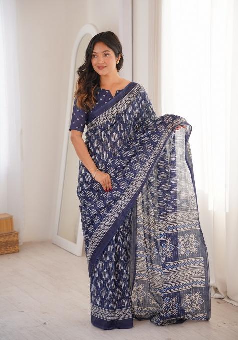 Indigo Beads Work Cotton Saree Set