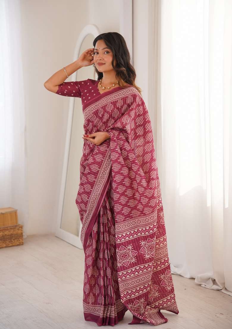 Wine Beads Work Cotton Saree Set for Diwali and Festive Wear - Indya