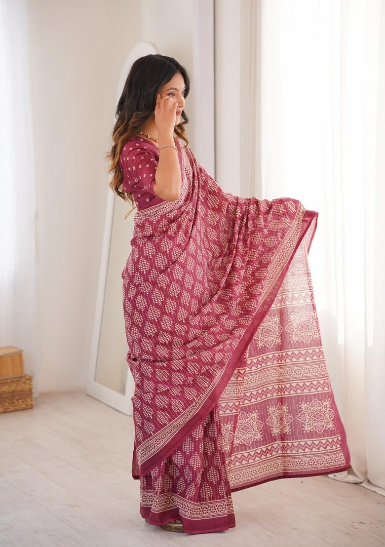 Wine Beads Work Cotton Saree Set - Indya