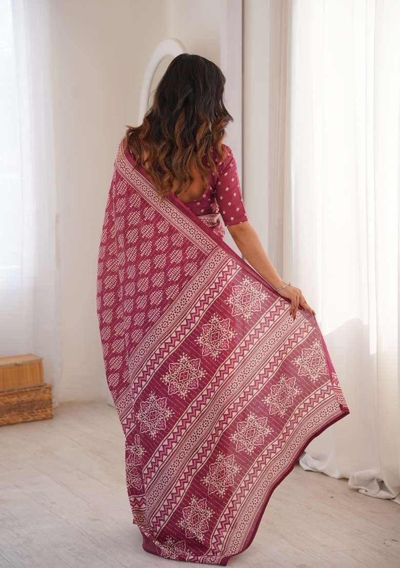 Wine Beads Work Cotton Saree Set for Diwali and Festive Wear - Indya