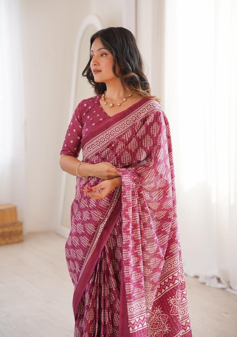 Wine Beads Work Cotton Saree Set - Indya