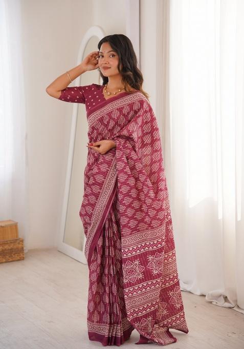 Wine Beads Work Cotton Saree Set