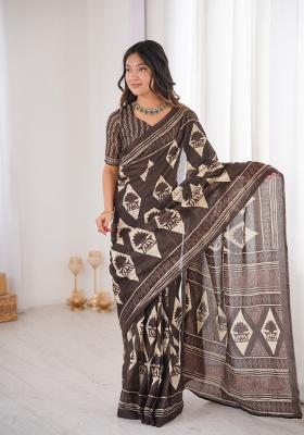 Brown Beads Work Cotton Saree Set