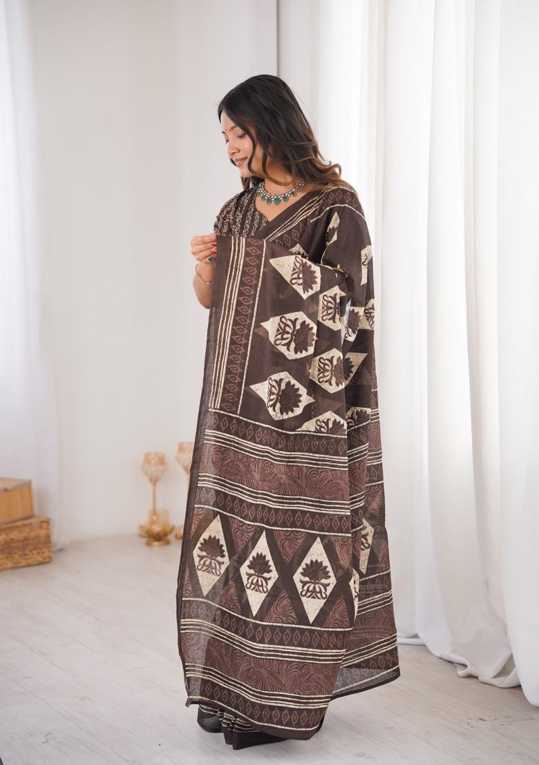 Brown Beads Work Cotton Saree Set - Indya