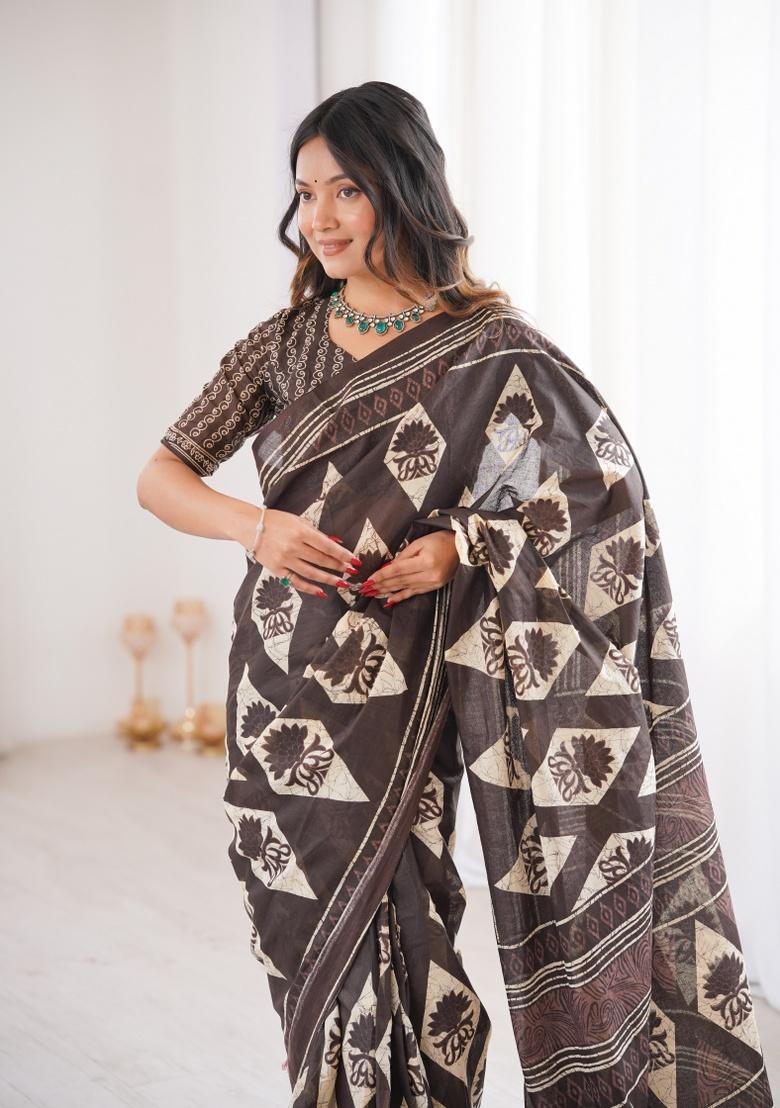 Brown Beads Work Cotton Saree Set - Indya