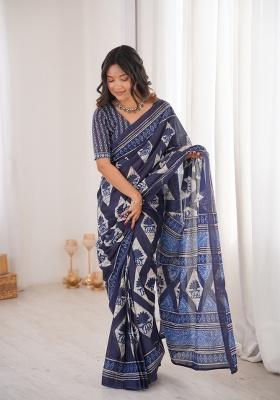 Indigo Beads Work Cotton Saree Set