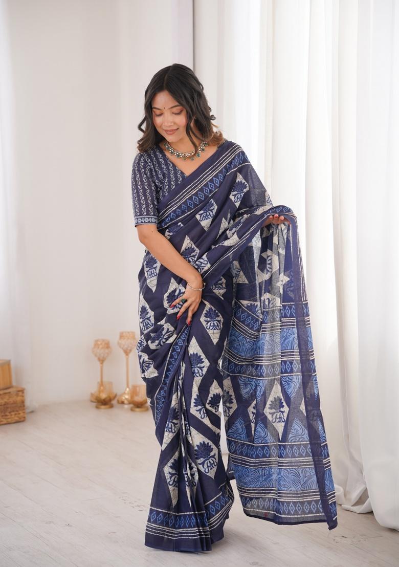 Indigo Beads Work Cotton Saree Set - Indya