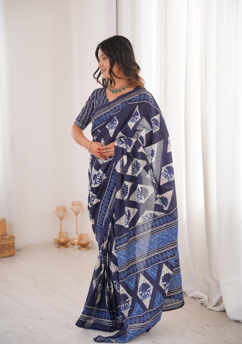 Indigo Beads Work Cotton Saree Set - Indya