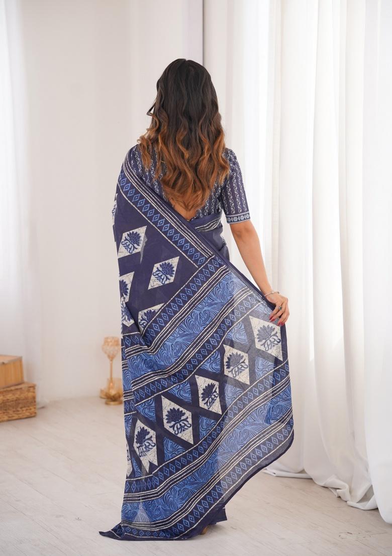 Indigo Beads Work Cotton Saree Set - Indya