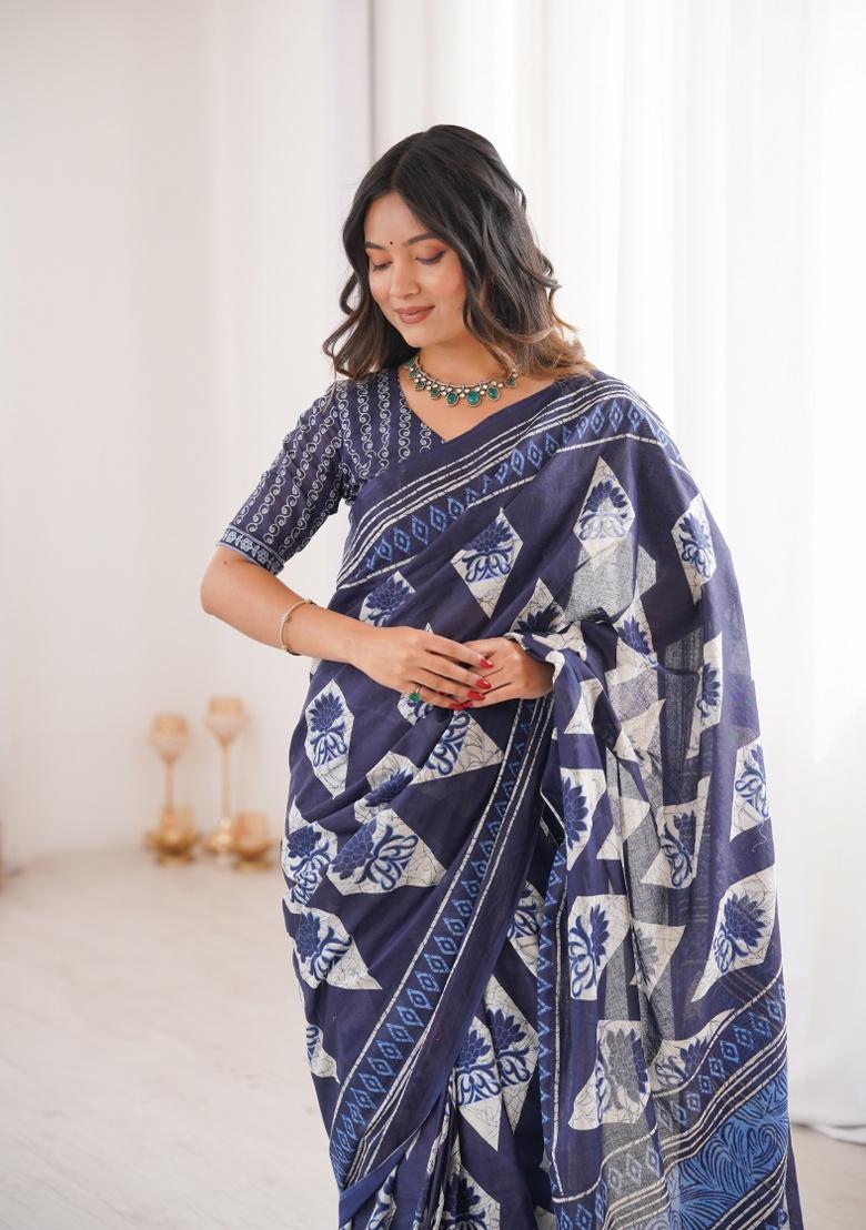 Indigo Beads Work Cotton Saree Set - Indya