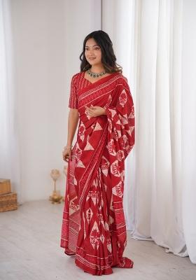 Red Beads Work Cotton Saree Set