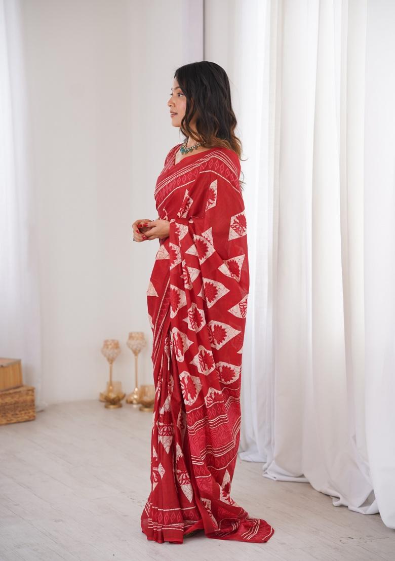 Red Beads Work Cotton Saree Set - Indya