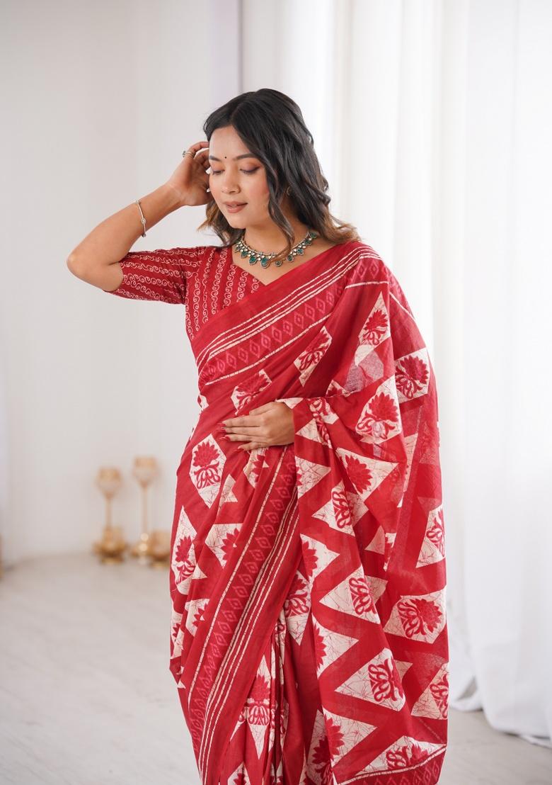 Red Beads Work Cotton Saree Set - Indya