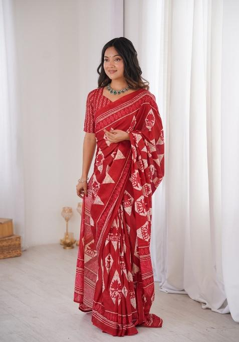 Red Beads Work Cotton Saree Set