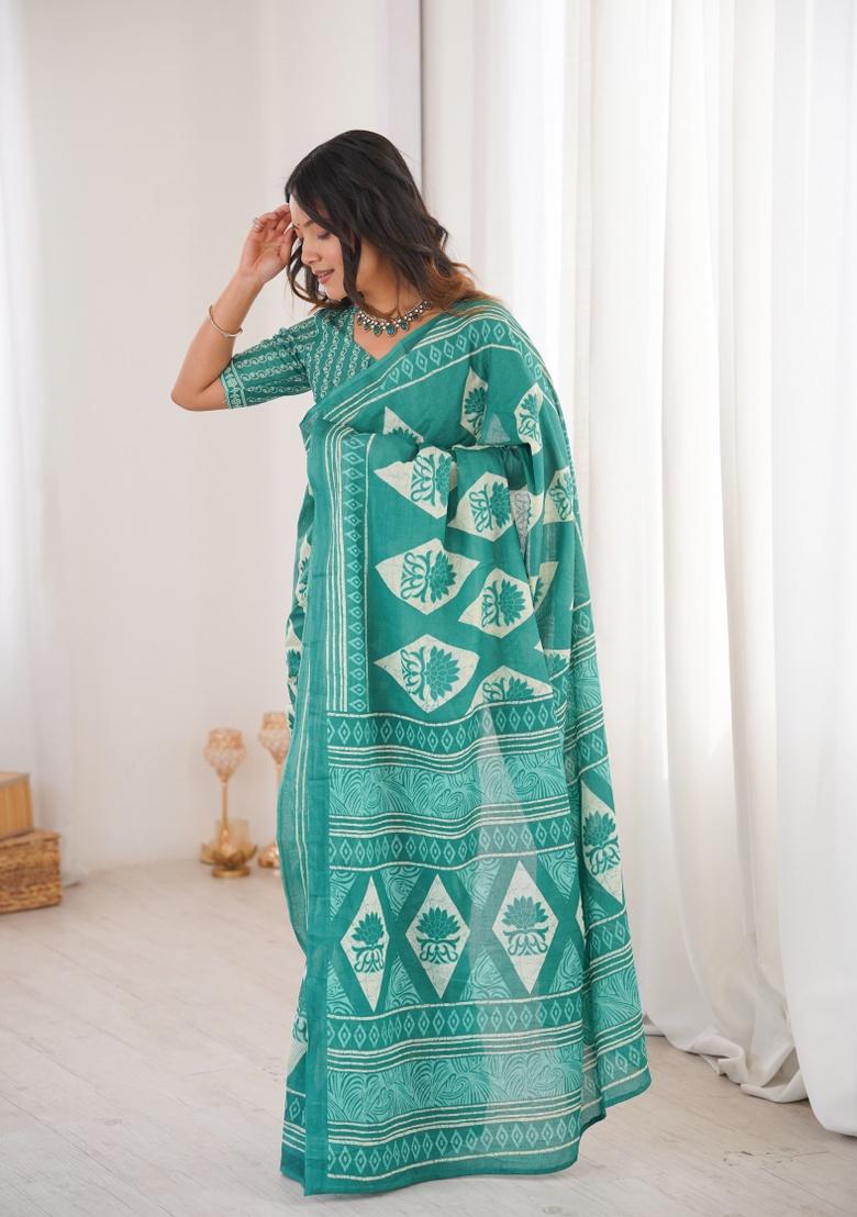 Teal Beads Work Cotton Saree Set - Indya