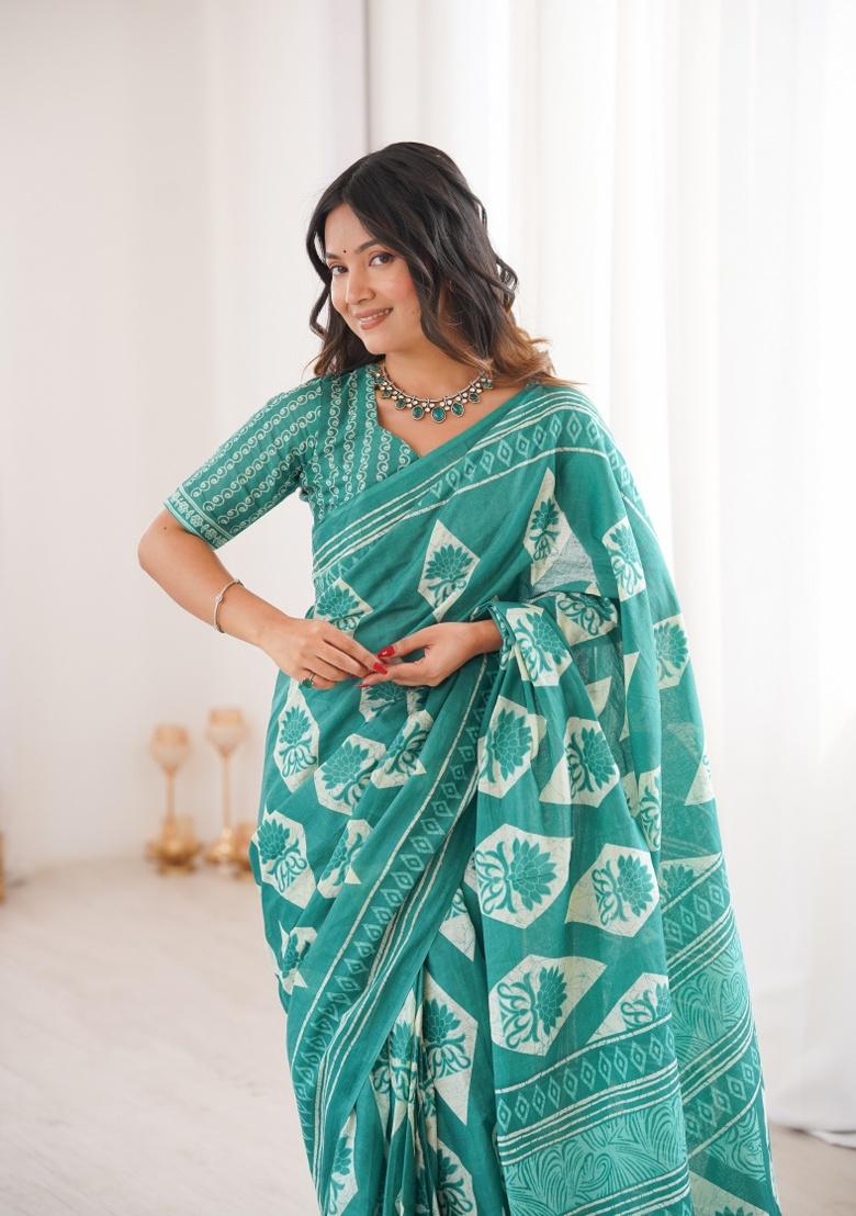 Teal Beads Work Cotton Saree Set - Indya