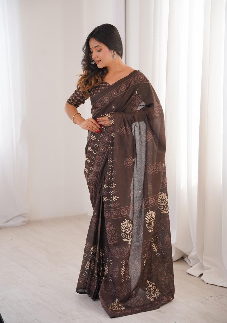 Brown Beads Work Cotton Saree Set - Indya