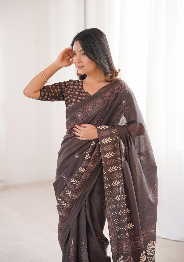 Brown Beads Work Cotton Saree Set - Indya